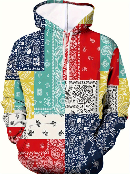 Retro Bandana Print Hoodie, Cool Hoodies For Men, Men's Casual Graphic Design Pullover Hooded Sweatshirt With Kangaroo Pocket Streetwear For Winter Fall, As Gifts