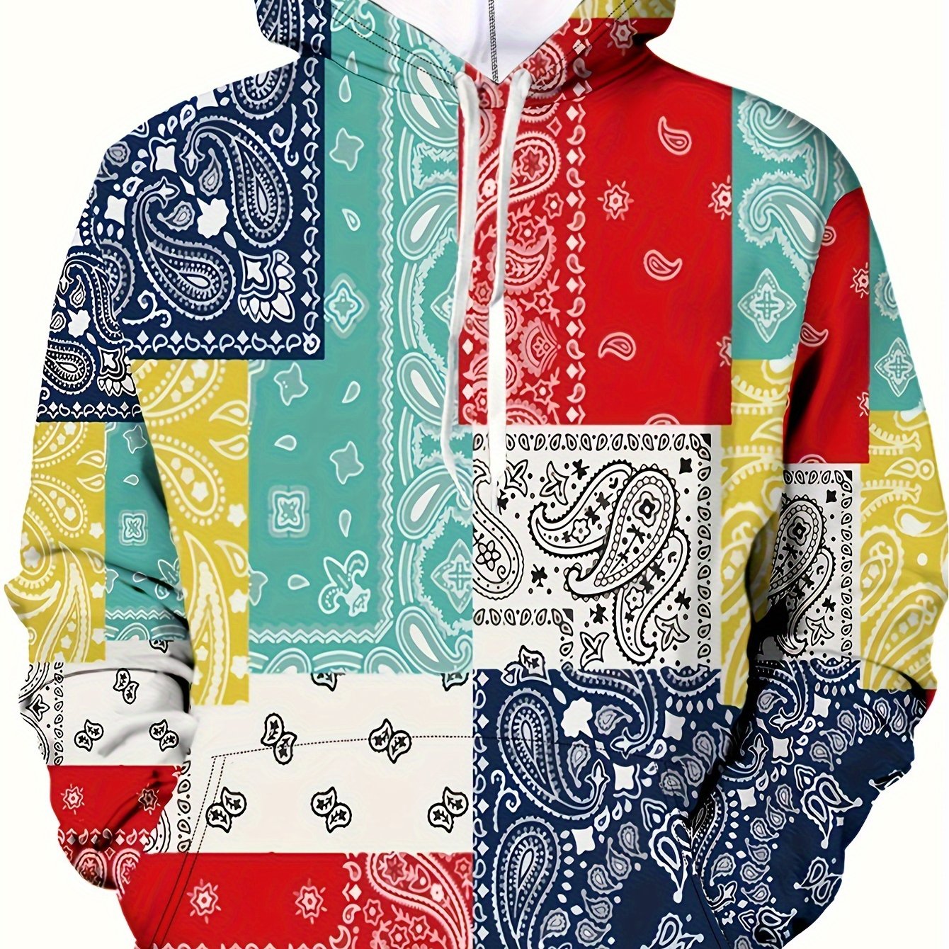 Retro Bandana Print Hoodie, Cool Hoodies For Men, Men's Casual Graphic Design Pullover Hooded Sweatshirt With Kangaroo Pocket Streetwear For Winter Fall, As Gifts